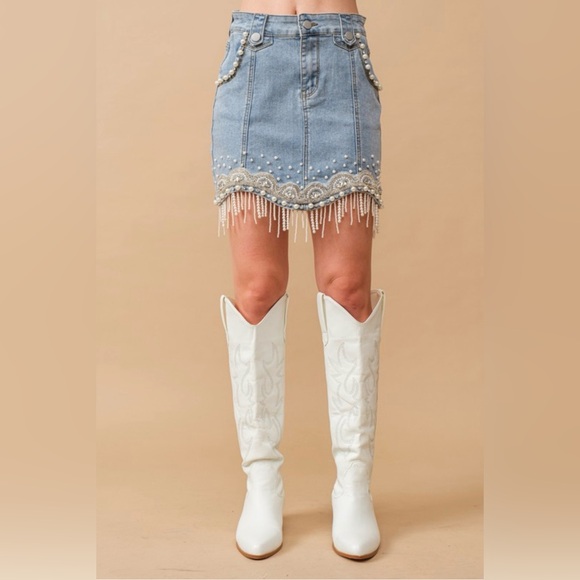 Dresses & Skirts - SK23. RESTOCK Stretch Denim Embellished Pearl Fringe Mini Skirt